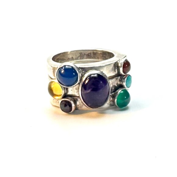 Vintage 80s NYC Tulla Booth Sterling Silver 3-Ring Set Gemstone Stack Size 7 GUC - Picture 1 of 6